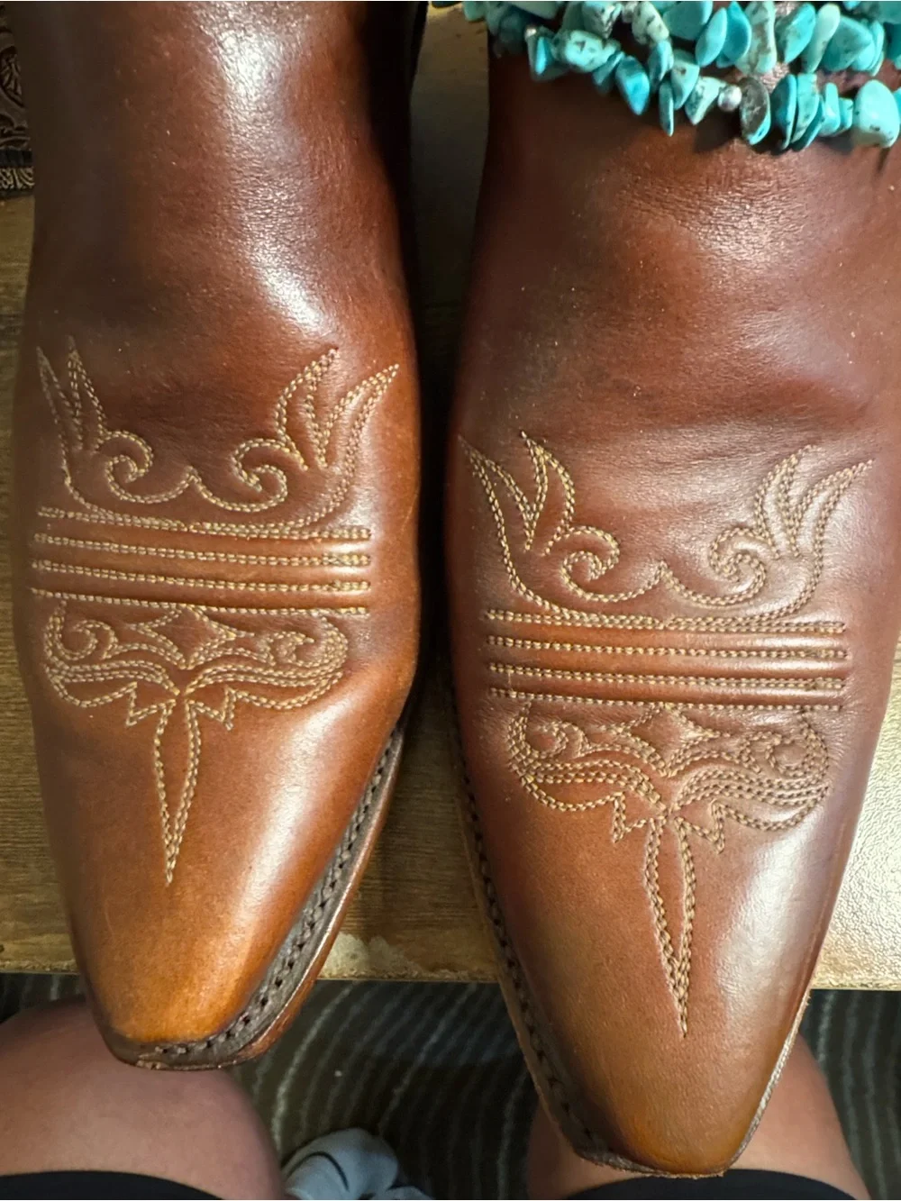 Lucchese Brown Leather Western Heeled Boots with Turquoise Accents - Picture 8 of 8